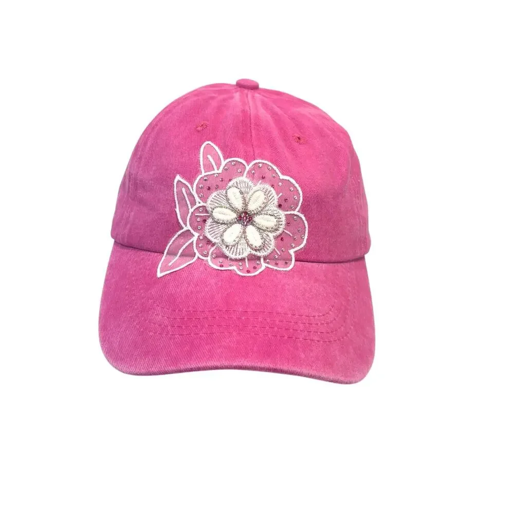 Handmade Shiny Rhinestone Bling Floral accent Pink Streetwear Baseball Cap Hat - Picture 1 of 9
